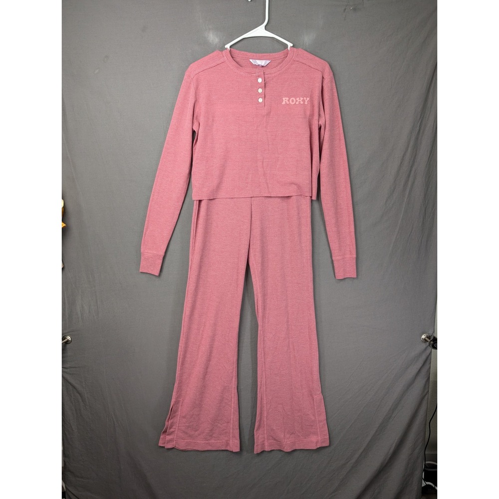 Roxy Waffle Knit Henley Top and Flare Pants Set Pink Sun Graphic 8199